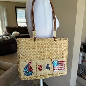 NWT QVC Natural Straw Shoulder Bag with Red, Blue & Brown Accents